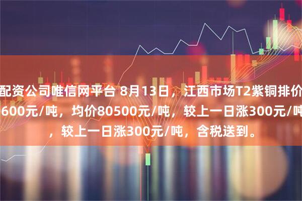 配资公司唯信网平台 8月13日，江西市场T2紫铜排价格80400-80600元/吨，均价80500元/吨，较上一日涨300元/吨，含税送到。